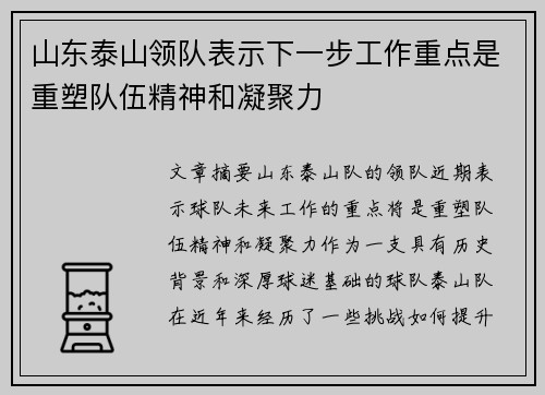 山东泰山领队表示下一步工作重点是重塑队伍精神和凝聚力