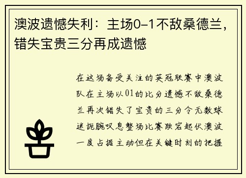 澳波遗憾失利：主场0-1不敌桑德兰，错失宝贵三分再成遗憾
